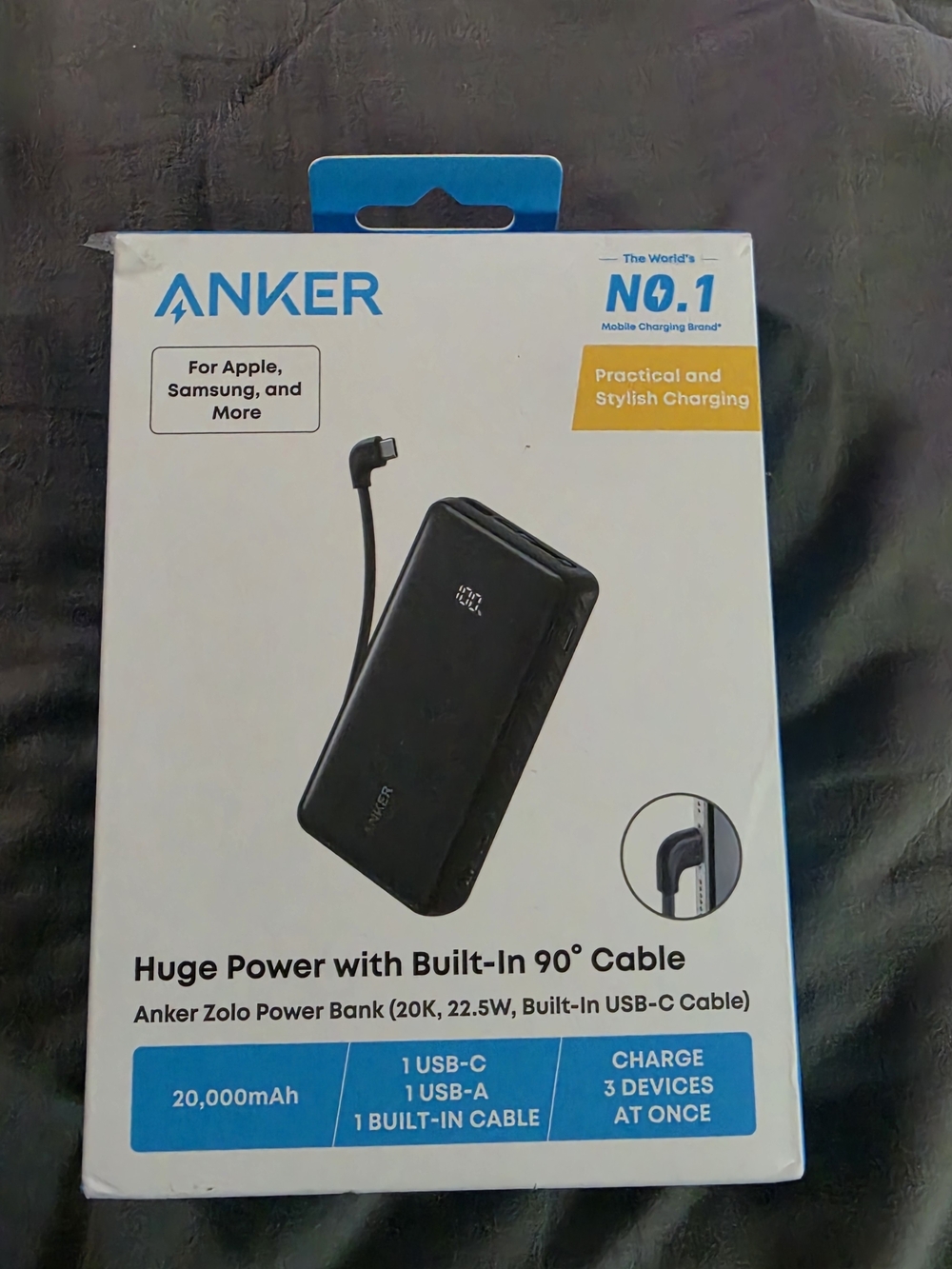 Anker Zolo 20,000mAh Power Bank with Built-In 90° Cable - Black